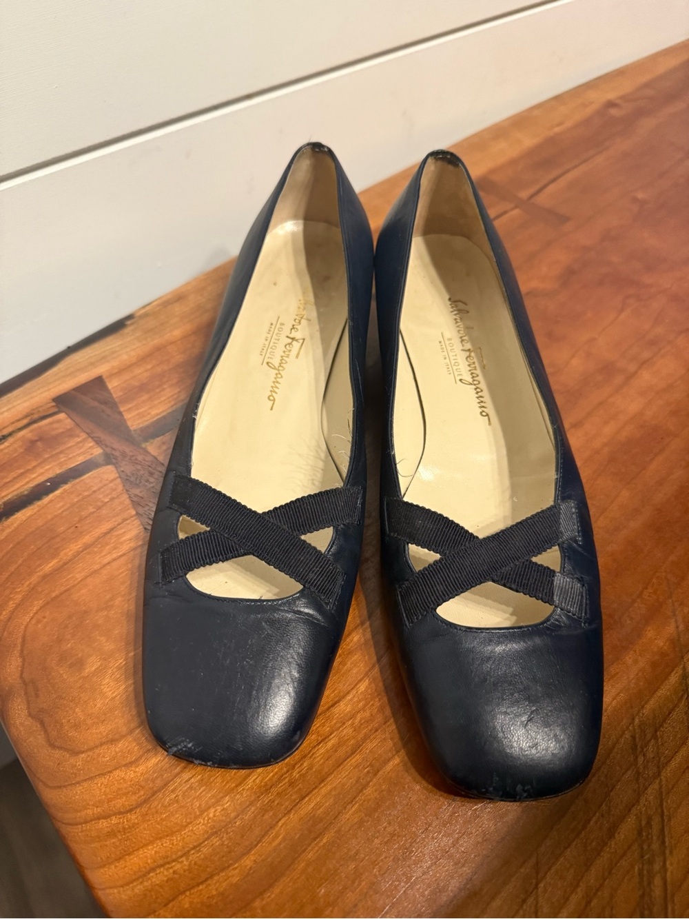 Salvatore Ferragamo Navy Leather Ballet Low Heel with Crisscross Straps - Picture 14 of 14